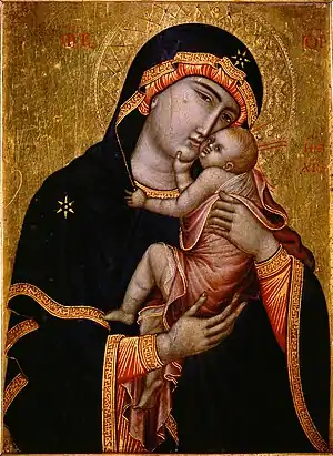 The Cambrai Madonna , (anonymous), c. 1340. Tempera on cedar panel. 35.7 cm x 25.7 cm. Cambrai Cathedral, France.