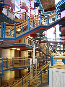 Multicolour interior of the Cambridge Judge Business School (Cambridge, the UK), 1995, by John Outram