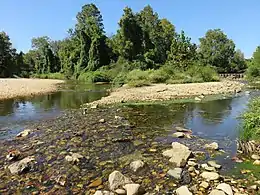 In the foreground is a rocky shallow stream that forks into two a short ways off from the photographer. There is an island in the right fork so that it joins the left fork in two places. Beyond the banks, a grove of deciduous trees rise into blue skies.