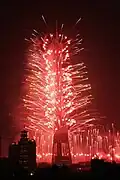 Red fireworks from the Canton Tower during the 2010 Asian Games opening ceremony, hosted in Guangzhou