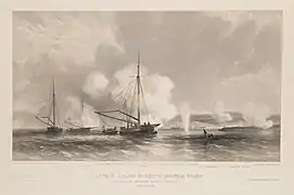 Captain Julius Robert's Mortar Boats engaging the quarantine battery – Sebastopol 15 August 1855 – Lithograph T.G.Dutton