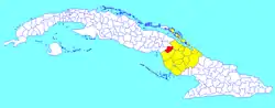 Céspedes municipality (red) within  Camagüey Province (yellow) and Cuba