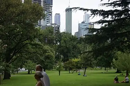 Skyscrapers in the city centre seen from the park (February 2018)