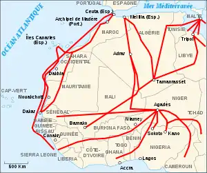 Map of migrants' routes to North Africa and Europe from West Africa