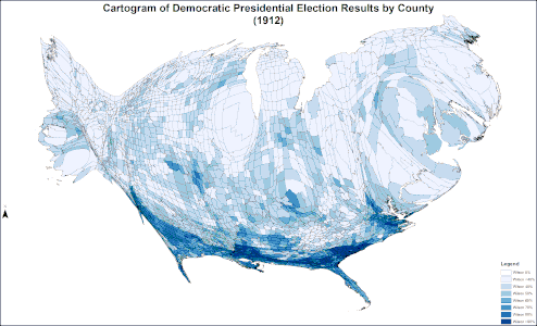 Cartogram shaded according to percentage of the vote for Wilson