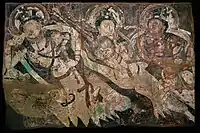 Kizil Cave 77, Cave of the Statues, back room, back wall, fresco over reclining Parinirvana Buddha.