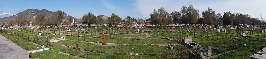 Rows of graves with metal crosses for headstones, a mountain in the distance