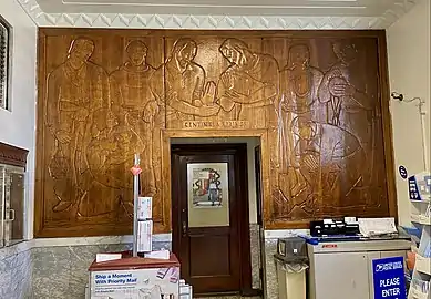 New Deal-era wood carving “Centinela Springs,” Hillcrest Avenue post office