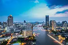 View of Chao Phraya River surrounded by buildings on both sides