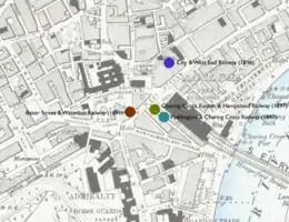 A map with coloured dots marking the proposed locations of stations