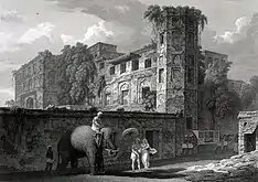 An 1823 etching of Bara Katra, or Great Caravanserai, in Dhaka, Bangladesh; built by the Mughal Prince Shah Shuja