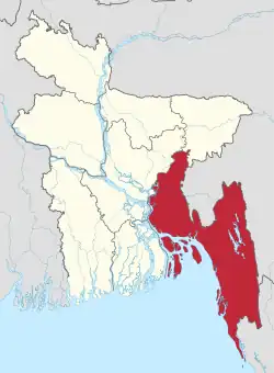 Map indicating the extent of Chittagong Division within Bangladesh