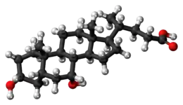 Ball-and-stick model of the chenodeoxycholic acid molecule