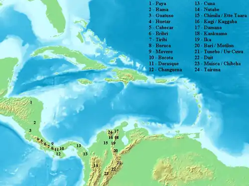 Chibcha language distributionTahamí are listed as Nutabes (14)