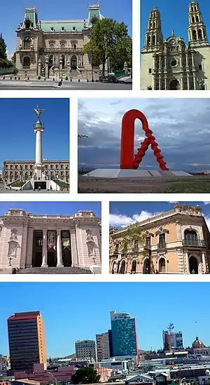 From the top to the left: Quinta Gameros, Cathedral, Angel of the liberty, Puerta de Chihuahua, Federal Palace, Creel House, Skyline of El Palomar Park.