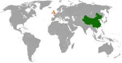 Map indicating locations of China and United Kingdom