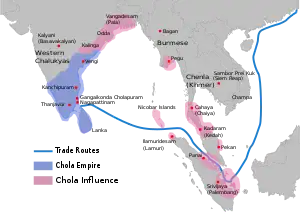 Map showing the greatest extent of the Chola empire c. 1030 under Rajendra I: territories are shown in blue, subordinates and areas of influence are shown in pink.