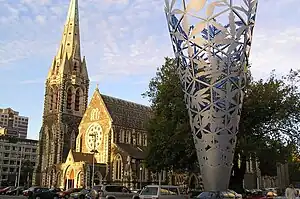 Cathedral Square – the heart of the central city. The Cathedral suffered heavy damage in the 2011 earthquake, with its tower and part of the main building collapsing. It was announced in September 2017 that the building would be reinstated.