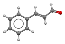 Ball-and-stick model of the cinnamaldehyde molecule