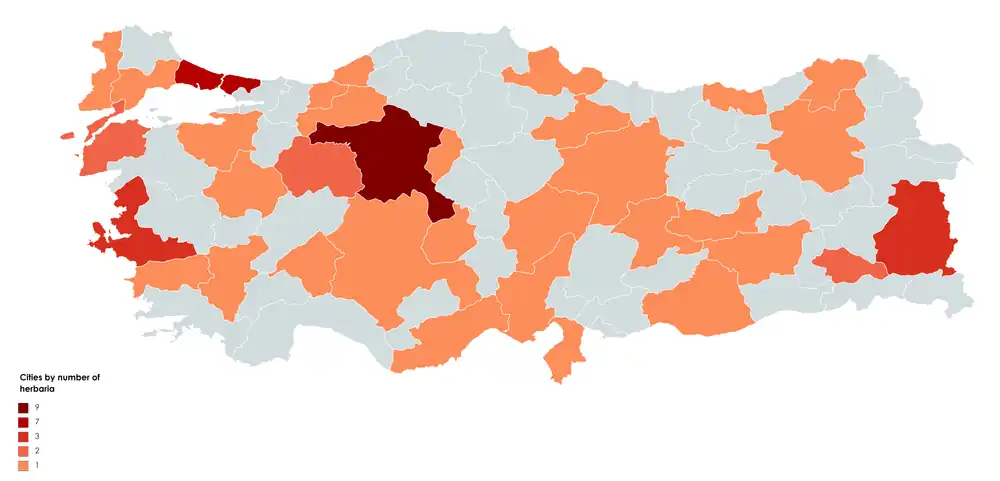 Provinces colored based on the number of herbaria they have