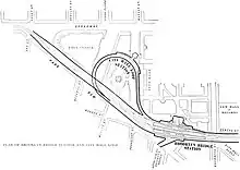 Track layout of the station, with a street grid superimposed