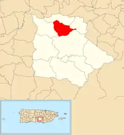 Location of Coamo Arriba within the municipality of Coamo shown in red