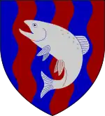 A coat of arms showing a silver fish on field of rippling red and blue