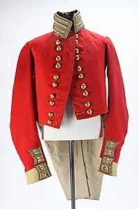 96th Regt full dress coatee worn by Lt Col William Hulme.Auckland Museum