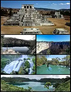 Counterclockwise from top: Zaculeu in the city of Huehuetenango, Cenotes de Candelaria in Nenton, Hoyo Cimarron in La Trinidad Nenton, Catarata de Pajaj in San Pedro Soloma, Lagartero river in Nenton and Laguna Brava in Nenton Huehuetenango