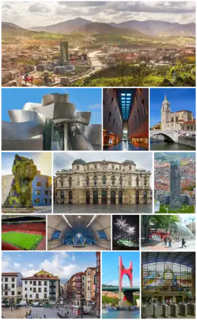 From top left: view of the city; Guggenheim Museum; Azkuna Zentroa; Church of San Antón; Puppy; Arriaga Theatre; Iberdrola Tower; San Mamés Stadium; Uribarri station of the Bilbao metro; fireworks in the Aste Nagusia; fosterito; Miguel de Unamuno Square in the Casco Viejo; La Salve; and Bilbao-Abando railway station