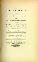 A book's title page inscribed "An Apology for the Life of Mr. Colley Cibber, Comedian"