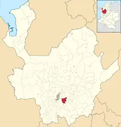 Location of the city (Marked in red) in the Antioquia region of Colombia