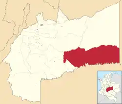 Location of the municipality and town of Mapiripán in the Meta Department of Colombia.