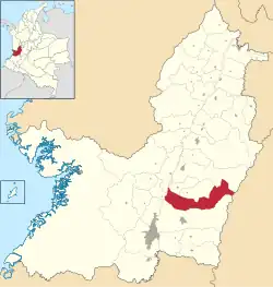 Location of the municipality and town of El Cerrito, Valle del Cauca in the Valle del Cauca Department of Colombia.