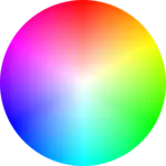 Color circle based on the HSV color space, showing all colors with a value (brightness) of 255 (100%). White is at the center, and fully saturated colors are at the outer edge. It is the circular face of the HSV "color cone".