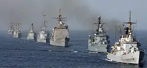 PNS Khaibar (Fifth vessel on the left), in a formation of assigned to Combined Task Force 150 led by Italian Scirocco in the Indian Ocean in 2006.