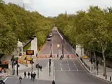 View from the Wellington Arch looking down on the Memorial Gates and Constitution Hill