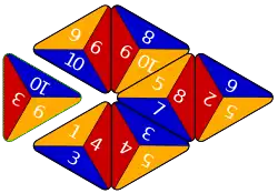 Ex. A: Scores 30 points for a two-tile adjacent opportunity play (10+10 for blue edges, 9+1 for gold edges)