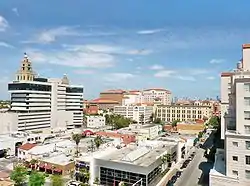 Coral Gables (in foreground) in April 2010. Downtown Miami is barely visible in the background.