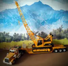 A model of a crane carried by a flatbed truck