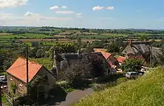 Thatched and red roofed houses along a road with a patchwork of fields behind.