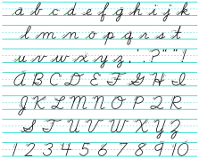 Handwritten cursive alphabet, with all lowercase letters followed by uppercase letters and numerals