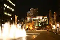 A view of the plaza at night.