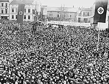 A large crowd of people with swastika banners