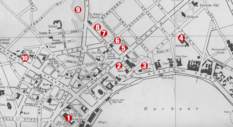 1950s map showing locations of buildings in Dar es Salaam, Tanganyika/Tanzania, designed by C.A. Bransgrove and Partners