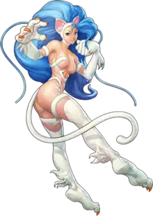 An illustration of Felicia, a naked woman with white strips of fur partially covering her breasts and torso, and entirely covering her arms, legs, and cat-like, clawed hands and feet. She has a mane of long, blue hair, and cat-like ears and tail.