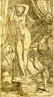 Pygmalion and Galatea: a sculptor, naked, busy working on a statue of a naked woman. c.1540/45.  Etching, after Primaticcio. Height: 235 millimetres (trimmed)