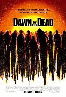 Silhouettes of zombies in a line streak down a sunset background, with the tagline "WHEN THERE'S NO ROOM IN HELL THE DEAD WILL WALK THE EARTH" in the top of the poster, while film's title and billing block remain at the bottom.