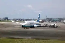 Grounded and badly damaged aircraft in an airport