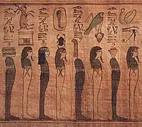 Mummiform deities with varying heads, from the Litany of Re. Eleventh century BC.